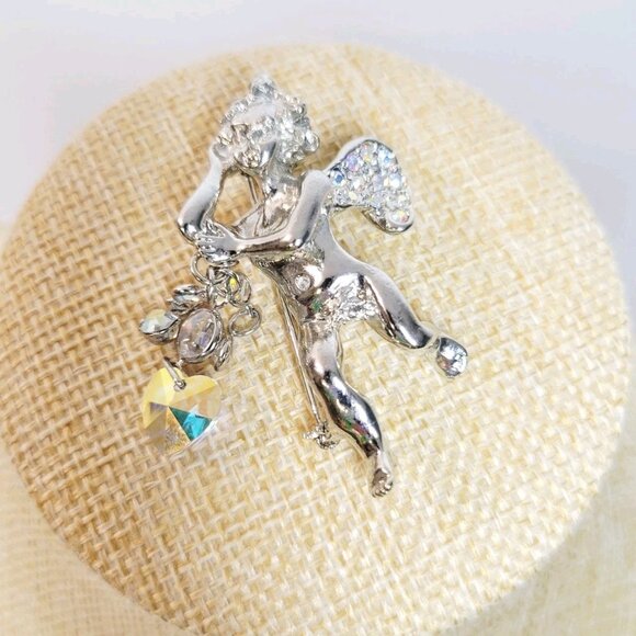 KIRKS FOLLY Silver Tone ANGEL BROOCH PIN Dangle Heart AB CRYSTALS RHINESTONES - Picture 4 of 5